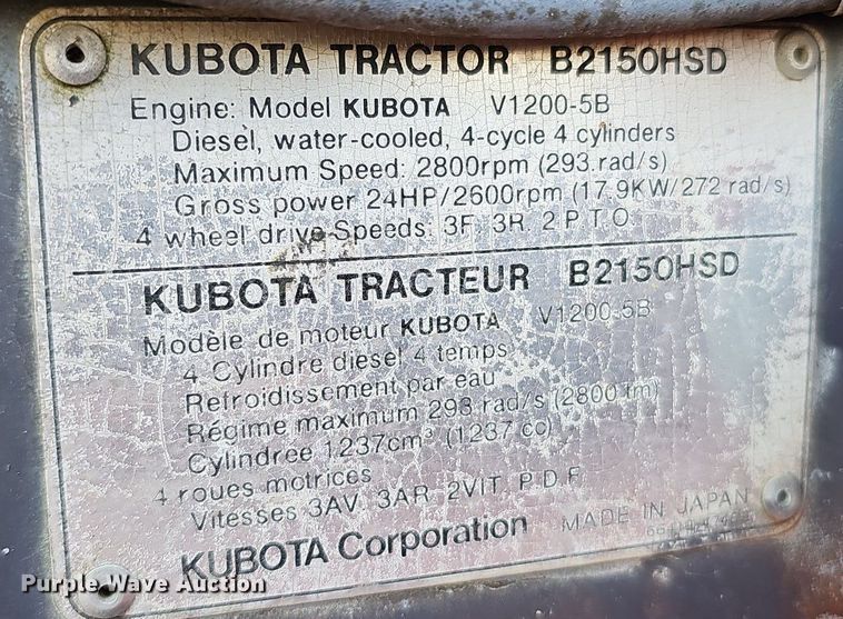 image for item DQ1188 1991 Kubota B2150HSD  MFWD tractor