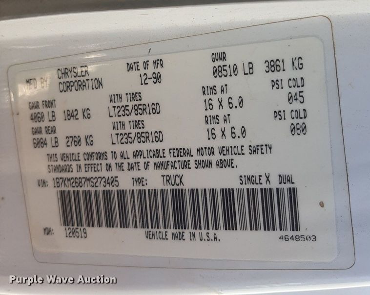 image for item EB9785 1991 Dodge Ram 250  bale bed pickup truck