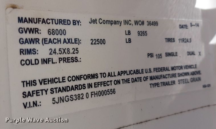 image for item EB9793 2015 Jet Company  grain trailer