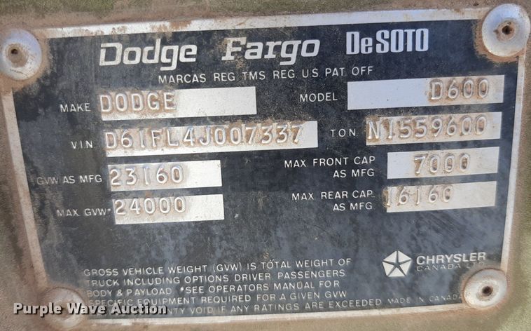 image for item OF9507 1974 Dodge D600  grain truck