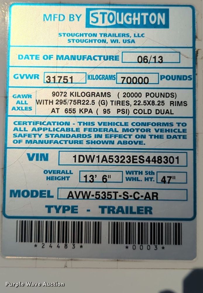 image for item MX9429 2014 Stoughton AVW-535T-S-C-AR  dry van trailer