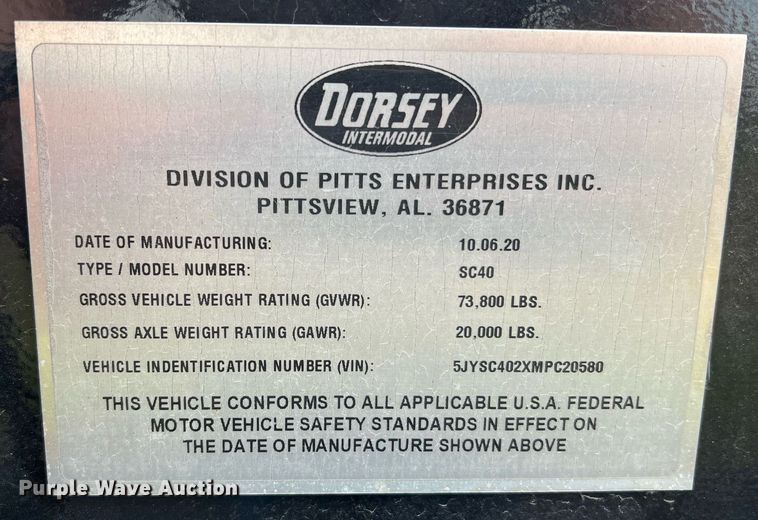 image for item NA9250 2021 Dorsey Intermodal SC40  container trailer
