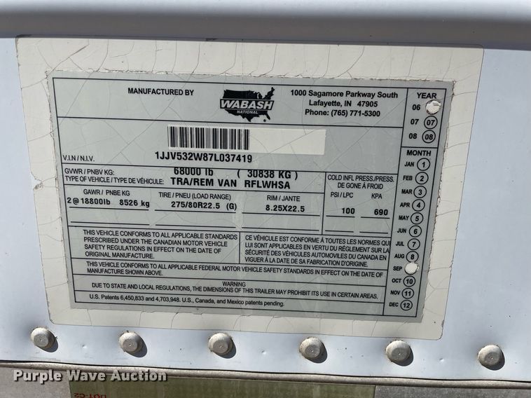 image for item NX9778 2007 Wabash  refrigerated van trailer