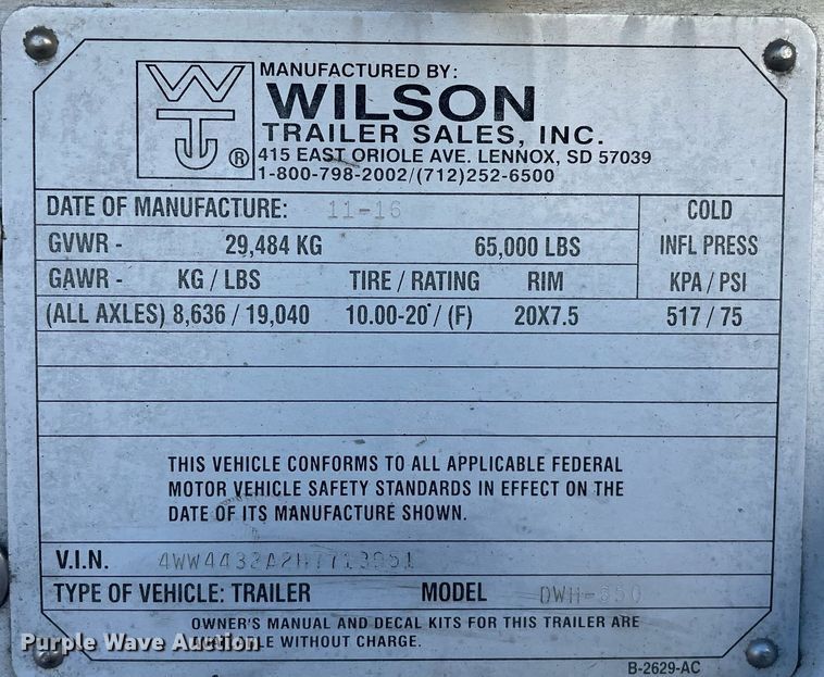 image for item NX9802 2017 Wilson DWH-650  grain trailer