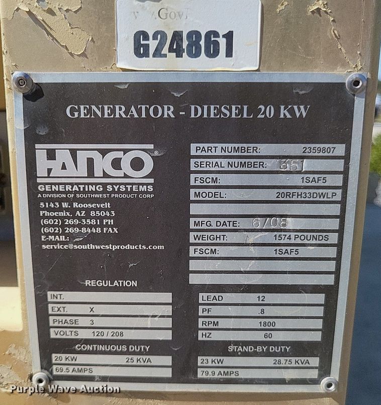 image for item DK1154 Schutt Industries 20RFH33DWLP  generator