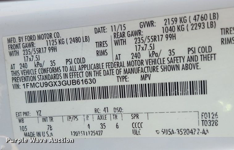 image for item DK4117 2016 Ford Escape  SUV