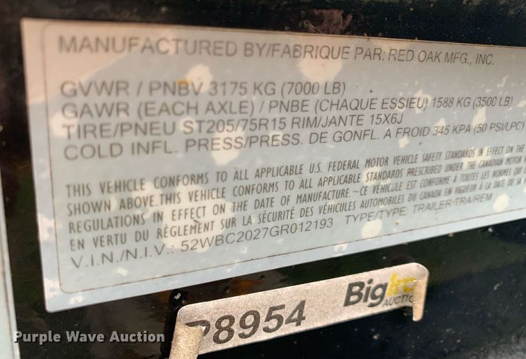 image for item DP8694 2016 Red Oak Mfg. Inc.  utility trailer