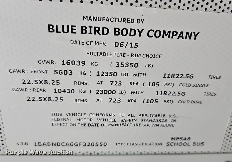 image for item DR5783 2016 Blue Bird T3RE 4006S  transit bus