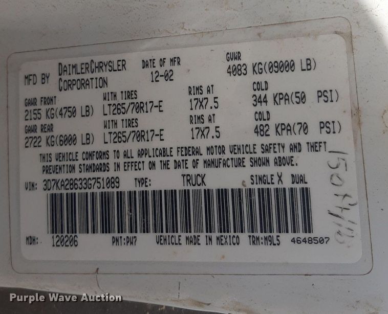 image for item KD9174 2003 Dodge Ram 2500  Quad Cab pickup truck