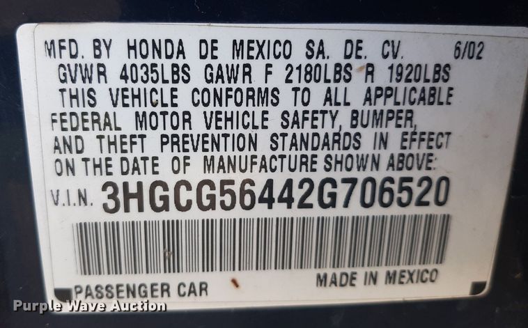 image for item KD9254 2002 Honda Accord