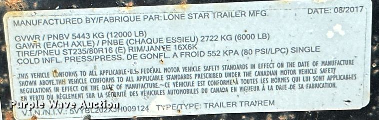 image for item KT9292 2018 Lone Star equipment trailer
