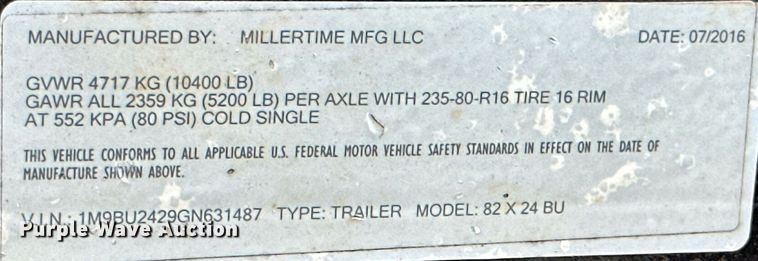 image for item KT9293 2016 Millertime 86X24BU equipment trailer