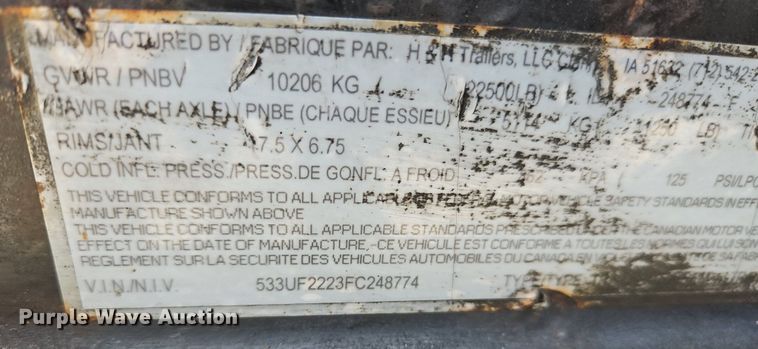 image for item LB9544 2015 H&H  utility trailer