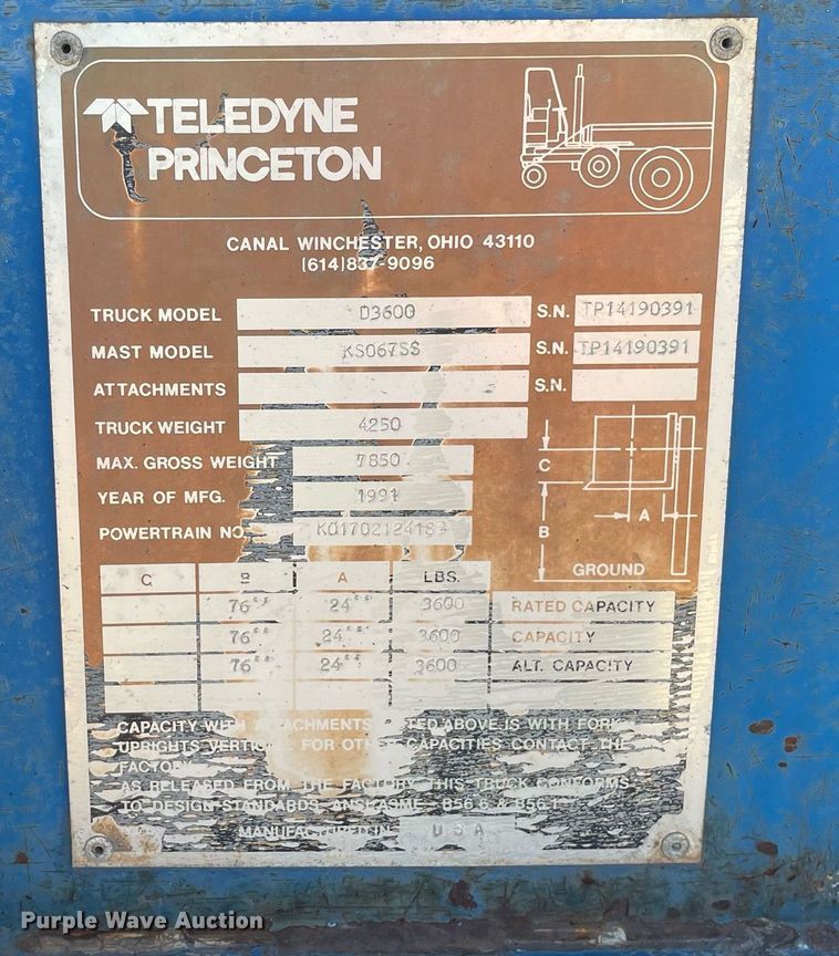 image for item LV9923 1991 Teledyne Princeton D3600  forklift