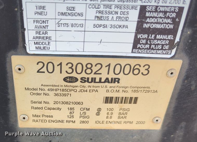 image for item MX9464 Sullair 185  air compressor