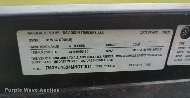 image for item MX9488 2021 Davidson Trailers  utility trailer