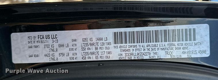 image for item NQ9365 2019 Dodge  Ram 3500 Laramie Crew Cab flatbed pickup truck