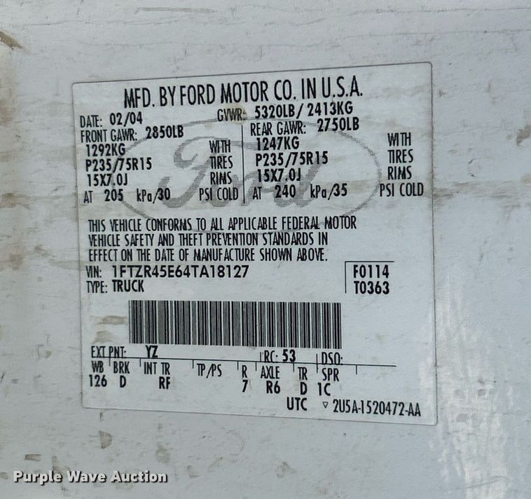 image for item NQ9921 2004 Ford Ranger  SuperCab pickup truck