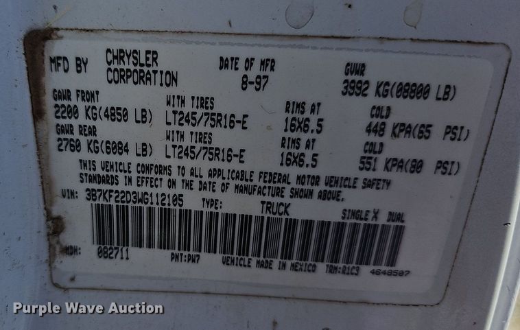 image for item NT9992 1998 Dodge 2500  Club Cab pickup truck