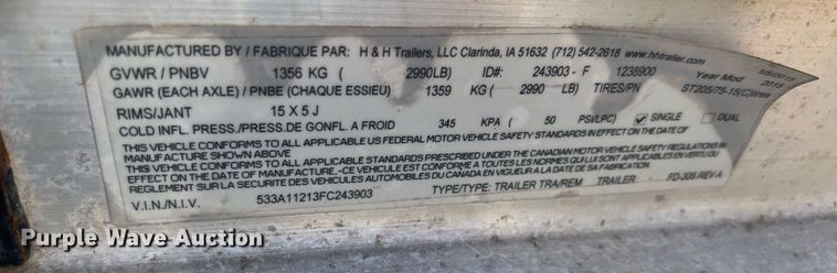 image for item OA9000 2015 H&H Trailers  utility trailer