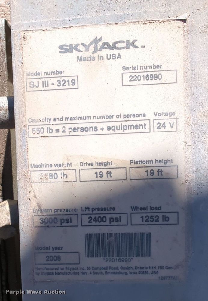 image for item OL9042 2008 Sky Jack SJIII-3219  scissor lift