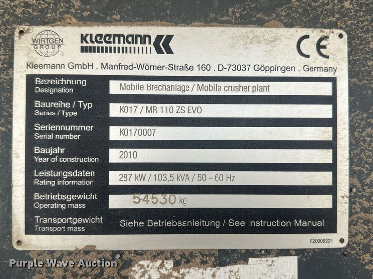 image for item DH1847 2010 Kleemann Mobirex MR110ZS EVO  crushing plant