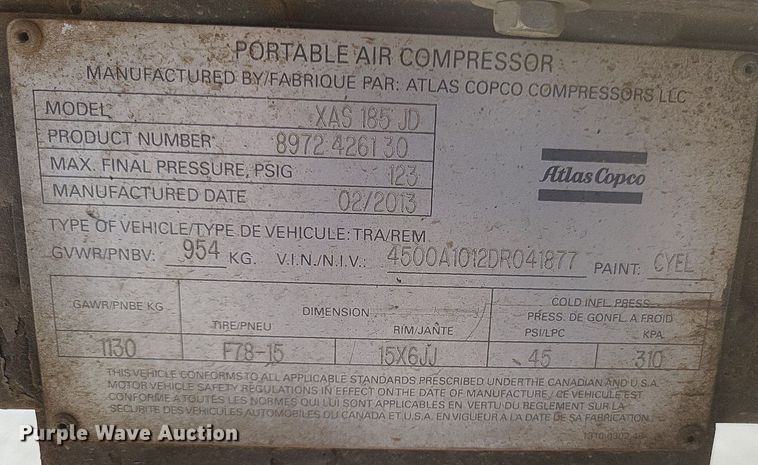 image for item DK1144 2013 Atlas Copco XAS 185 JD  air compressor