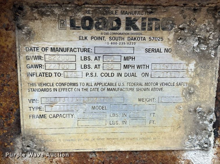 image for item DQ1003 2001 Load King 253TT  tilt deck equipment trailer