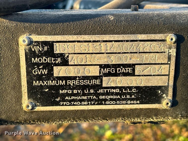 image for item DQ1005 2004 U.S. Jetting 4018 300 TRL  sewer jetter trailer