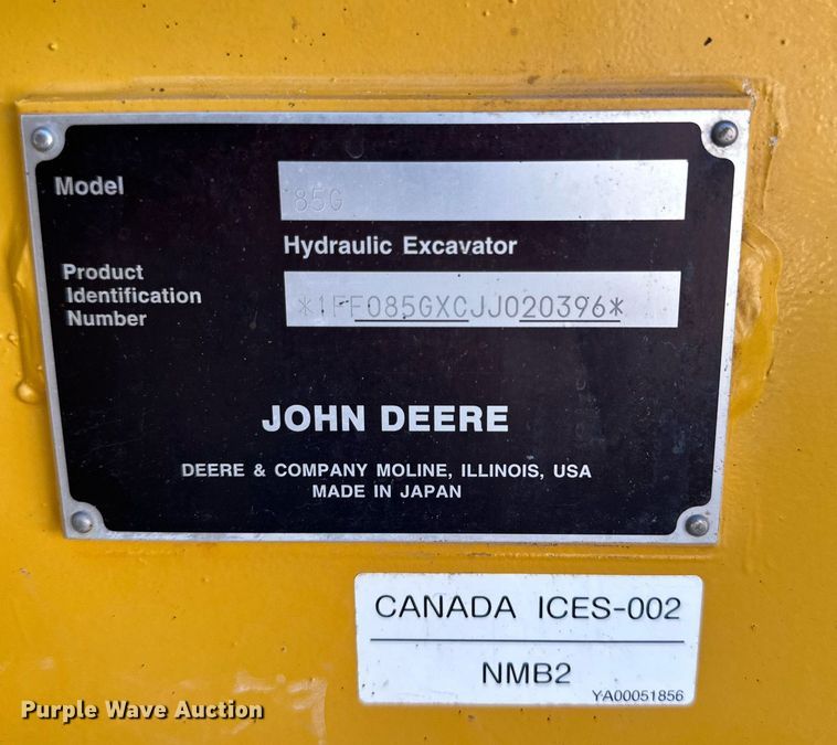 image for item DQ1459 2018 John Deere 85G  mini excavator