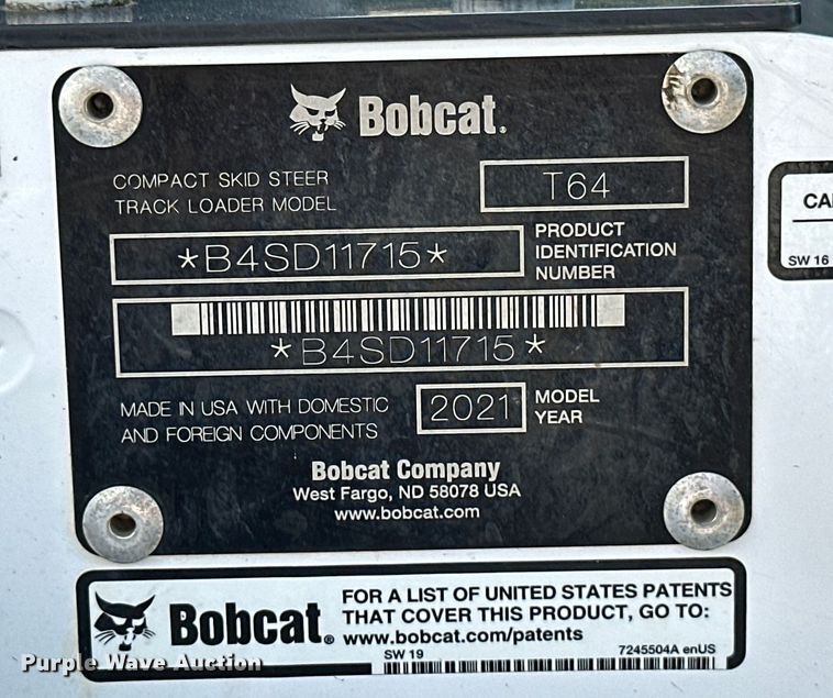 image for item KT9290 2021 Bobcat T64 tracked skid steer loader