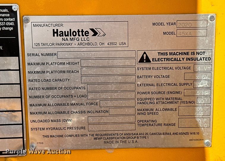 image for item KT9291 2020 Haulotte 45XA boom lift