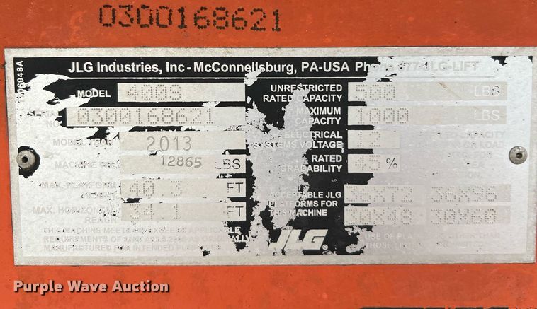 image for item LU9795 2013 JLG 400S  boom lift