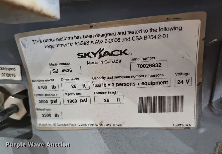 image for item MH9478 2016 Skyjack 4626  scissor lift