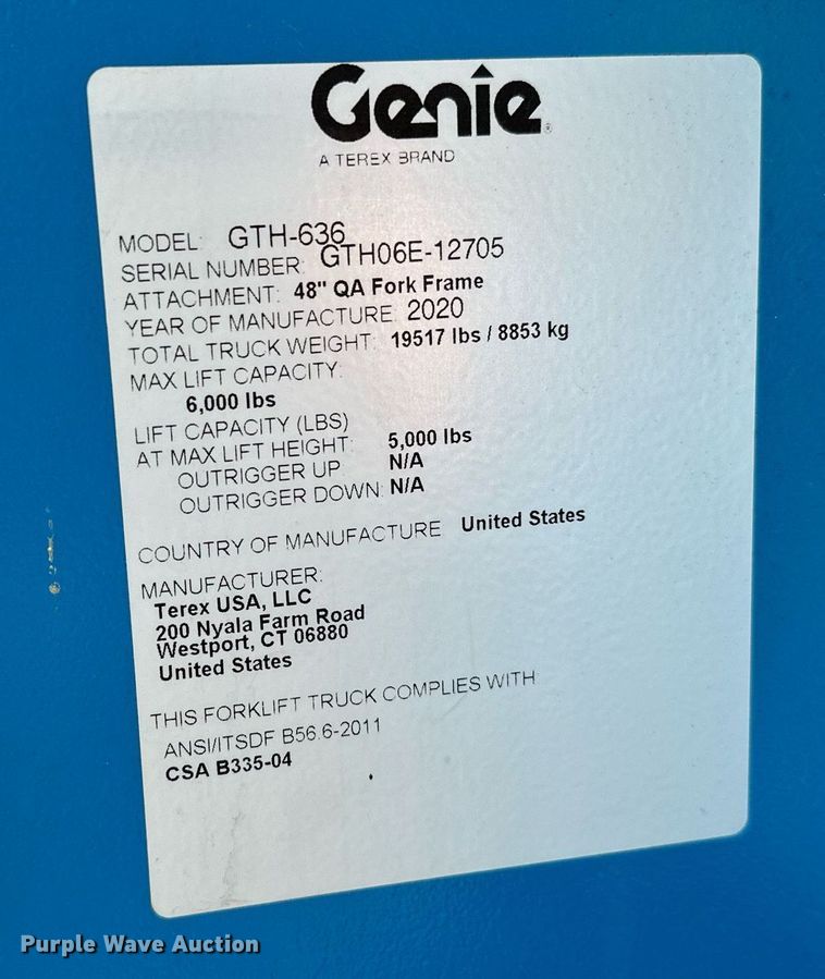 image for item NA9560 2020 Genie GTH-636  telehandler