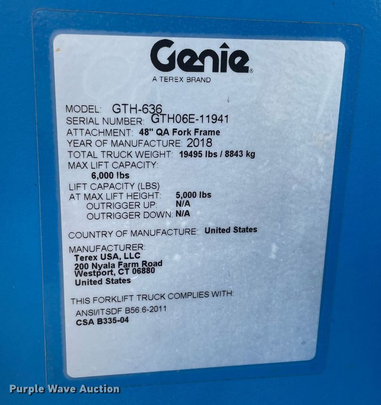 image for item NA9562 2018 Genie GTH-636  telehandler