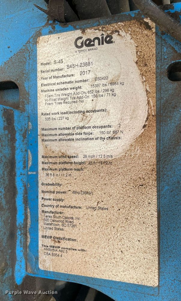 image for item NA9623 2017 Genie S-45  boom lift