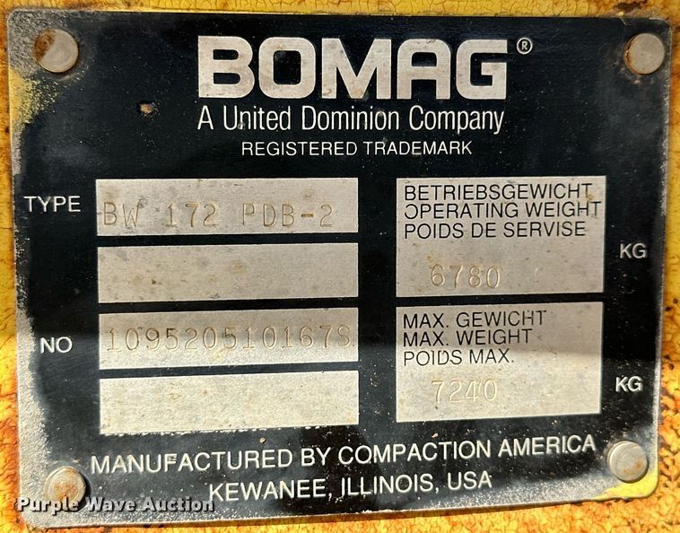 image for item NP9665 1995 Bomag BW172PDB-2  single drum vibratory roller