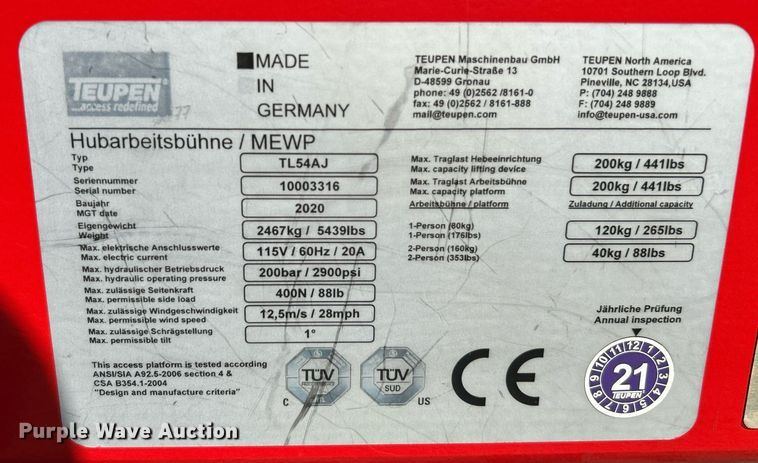 image for item NQ9898 2020 Teupen TC60AJ  boom lift