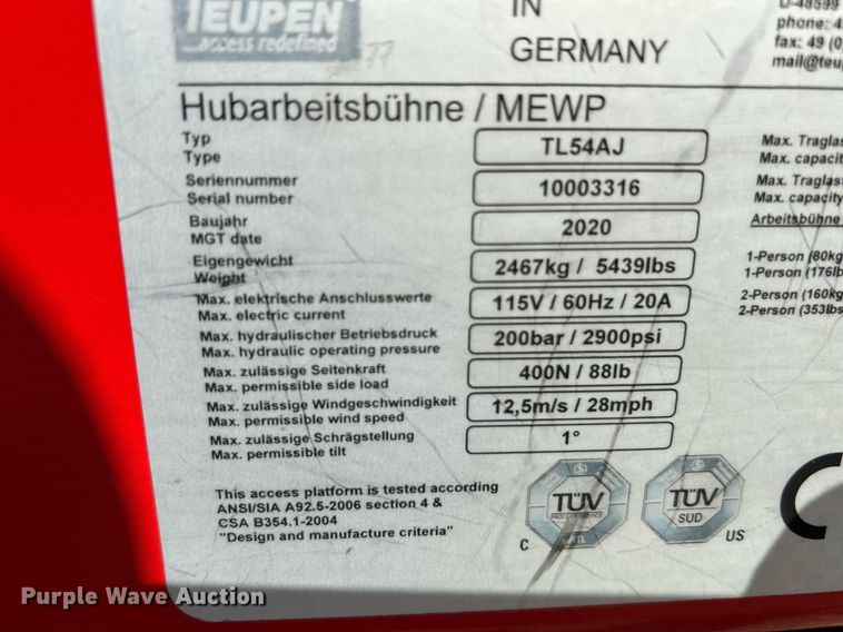 image for item NQ9898 2020 Teupen TC60AJ  boom lift