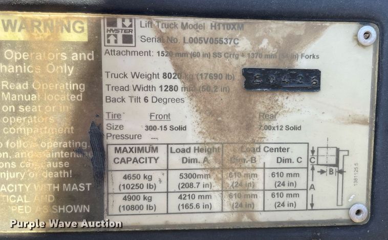 image for item NY9986 2005 Hyster H110XM  forklift