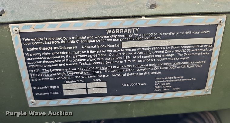 image for item DQ0334 1999 Stewart & Stevenson M 1079  truck cab and chassis