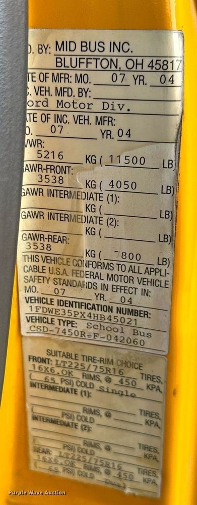 image for item DW2887 2004 Mid Bus, Inc. E350 Super Duty  school bus