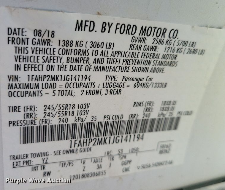 image for item LO9851 2018 Ford Taurus Police Interceptor