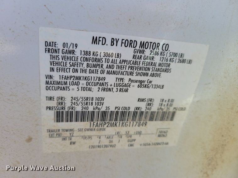 image for item LO9852 2019 Ford Taurus Police Interceptor