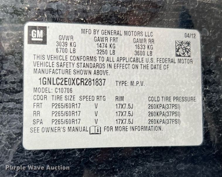 image for item LU9803 2012 Chevrolet Tahoe Police  SUV