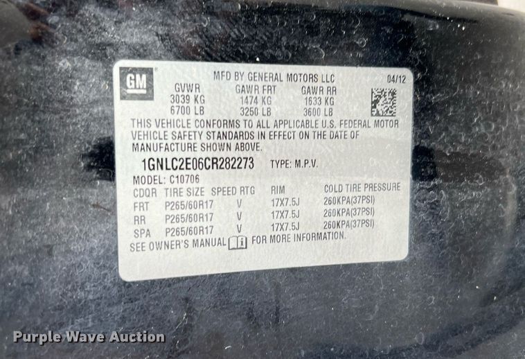 image for item LU9808 2012 Chevrolet Tahoe Police  SUV