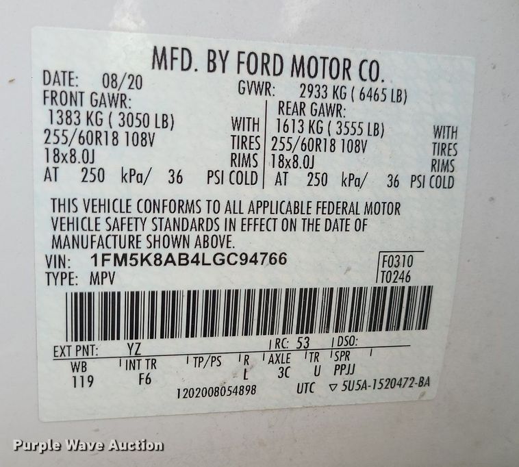 image for item MJ9463 2020 Ford Explorer Police  SUV