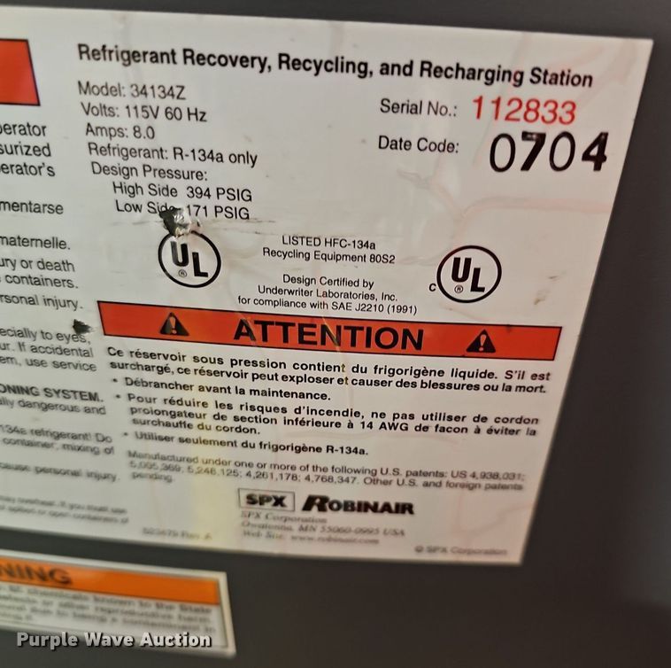 image for item NJ9893 SPX Robinair Cooltech 34134Z   refrigerant recovery