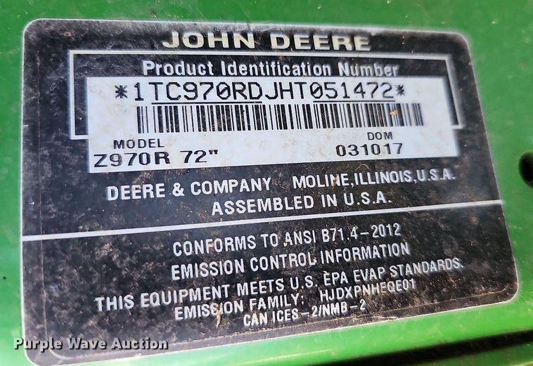 image for item NJ9987 2017 John Deere Z970R  ZTR lawn mower